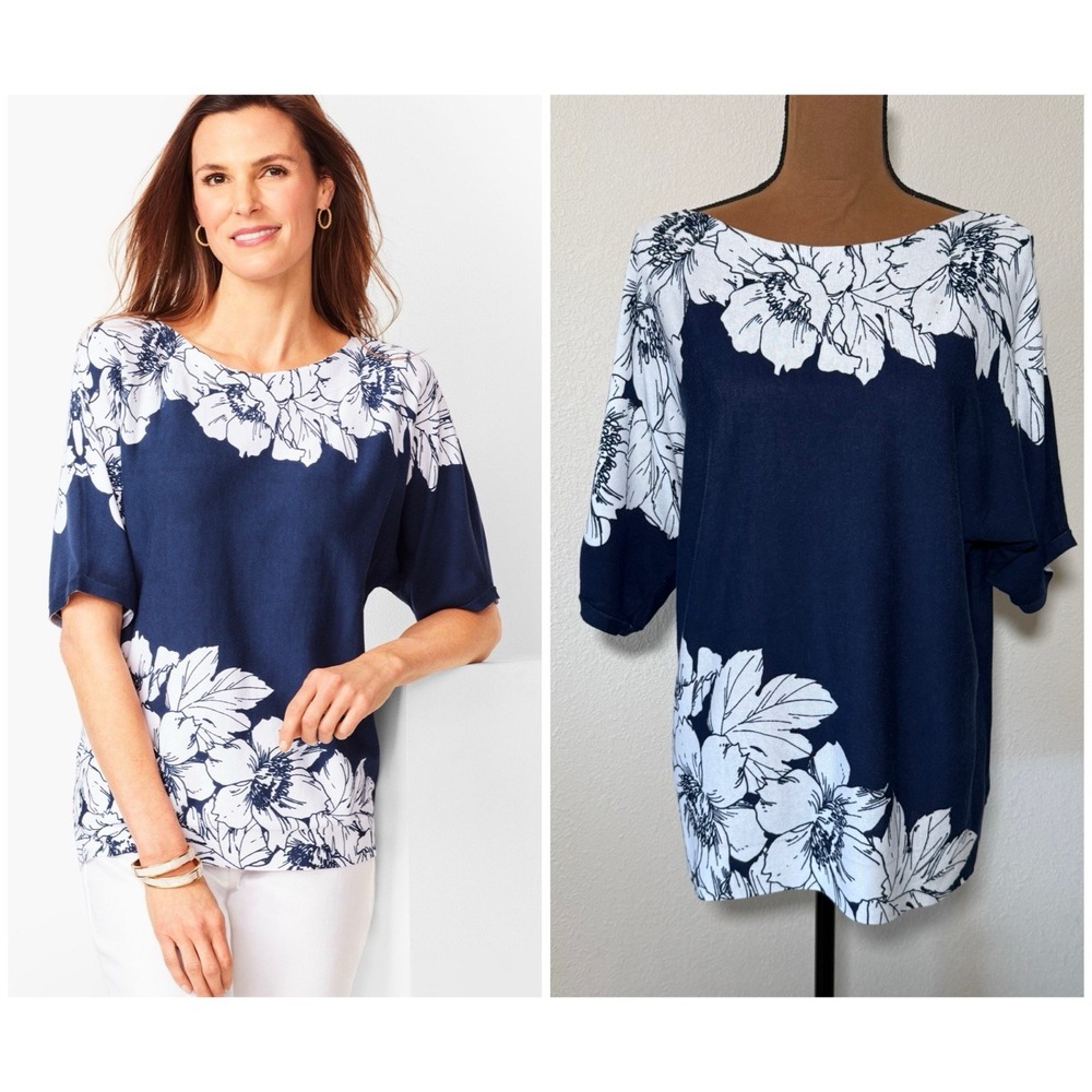 BEAUTIFUL Talbots Dolman Sleeve Floral Sweater Women's S Blue/White Cotton Blend